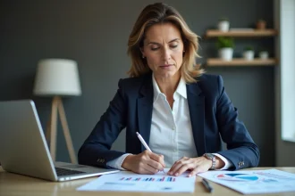 Femme d'affaires en bureau analysant des graphiques financiers