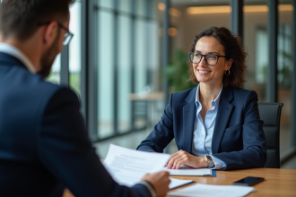 Femme d'affaires en réunion avec conseiller bancaire