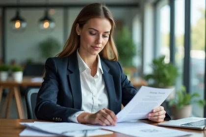 Femme en costume examinant un document d'assurance au bureau