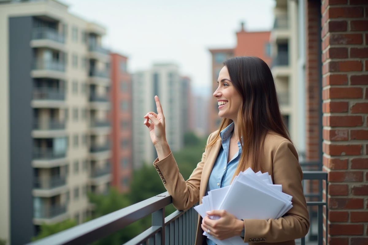 Femme souriante avec documents immobiliers sur balcon
