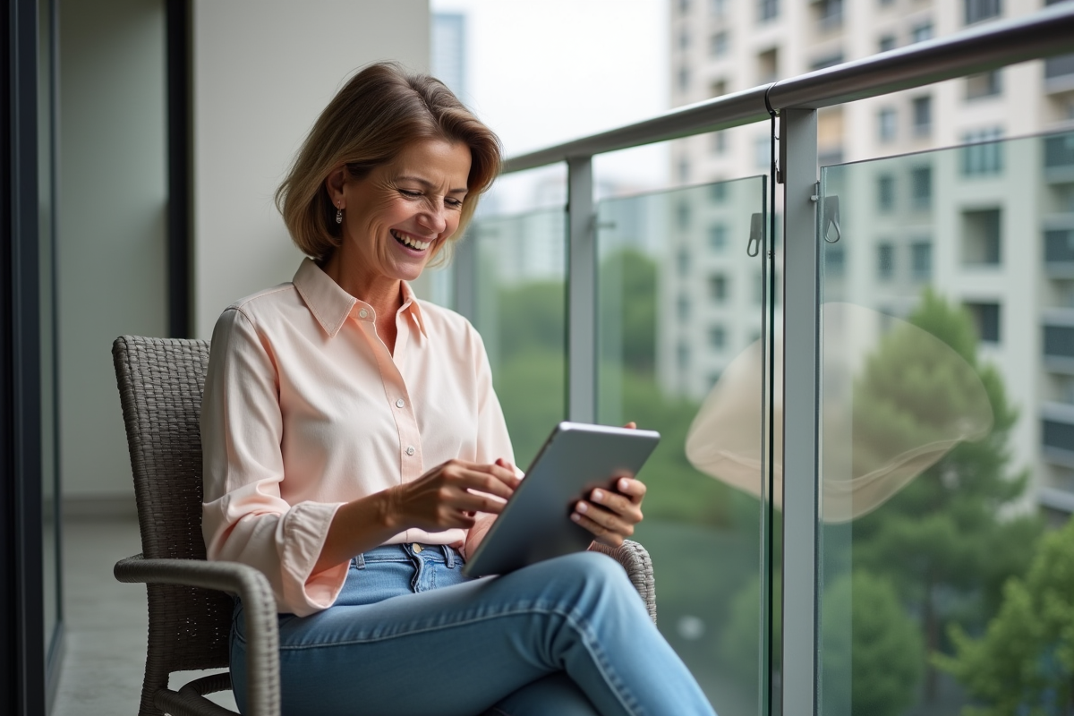 Femme souriante sur balcon étudiant des documents immobiliers