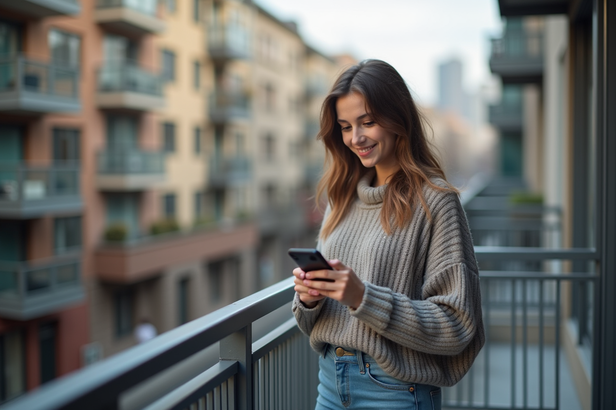 Jeune femme sur un balcon urbain vérifiant son téléphone