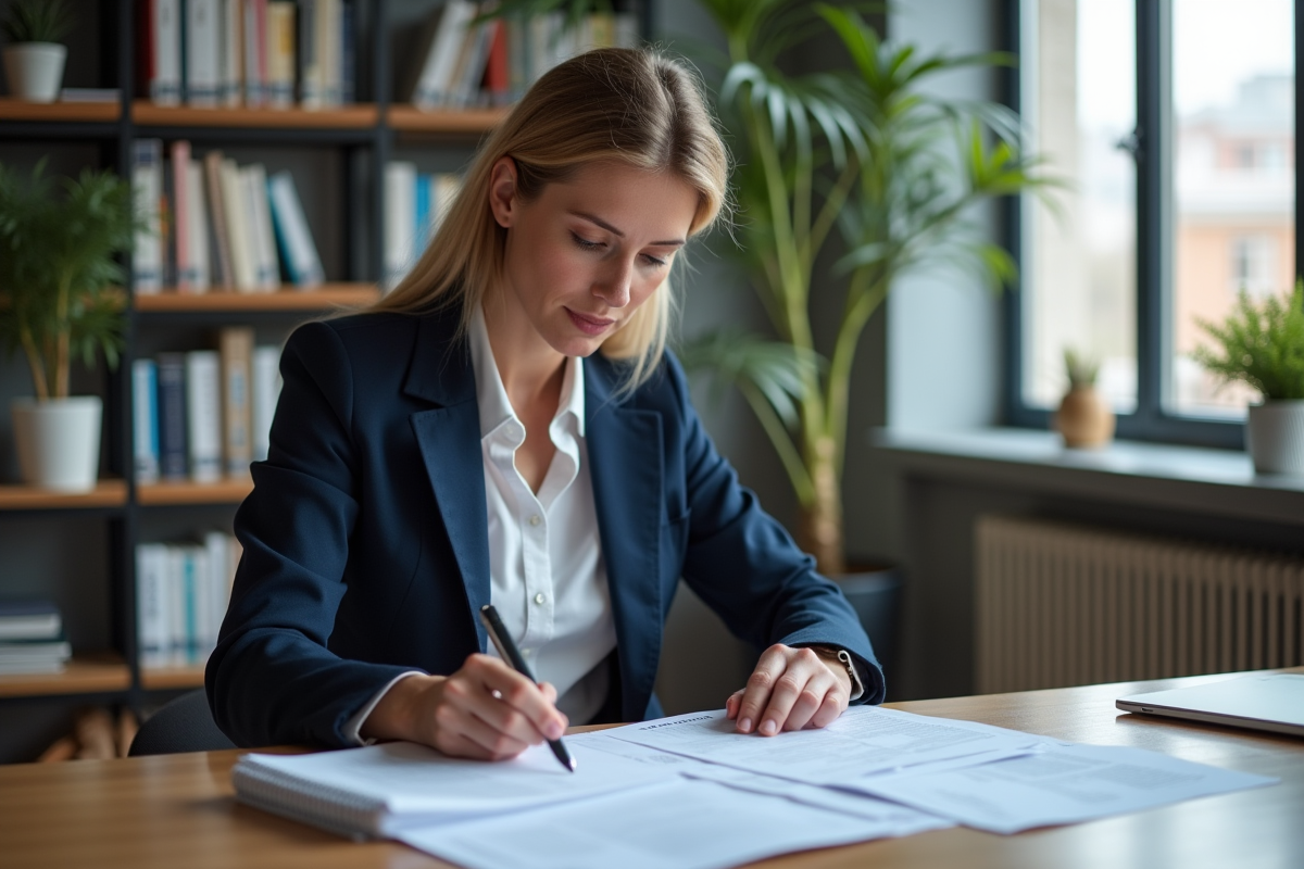 Femme en bureau consultant documents avec logo INPI