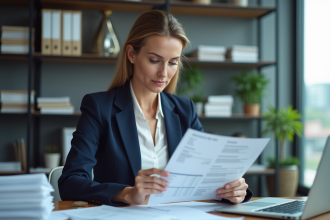 Femme professionnelle examinant des factures au bureau