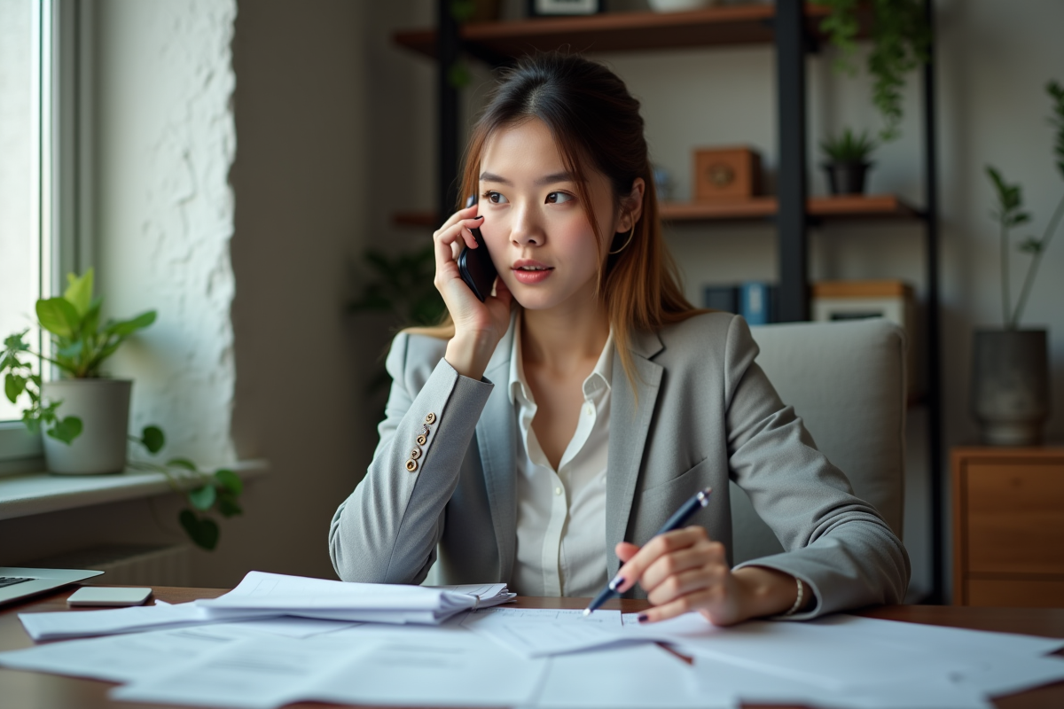 Jeune femme en bureau parlant au téléphone avec documents