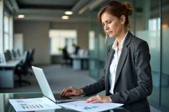 Femme d'affaires consultant des documents relatifs à l'indice ILAT dans un bureau tertiaire moderne