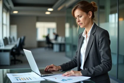 Femme d'affaires consultant des documents relatifs à l'indice ILAT dans un bureau tertiaire moderne