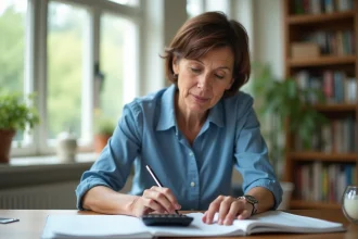 Femme d'âge moyen utilisant une calculatrice dans un bureau à domicile