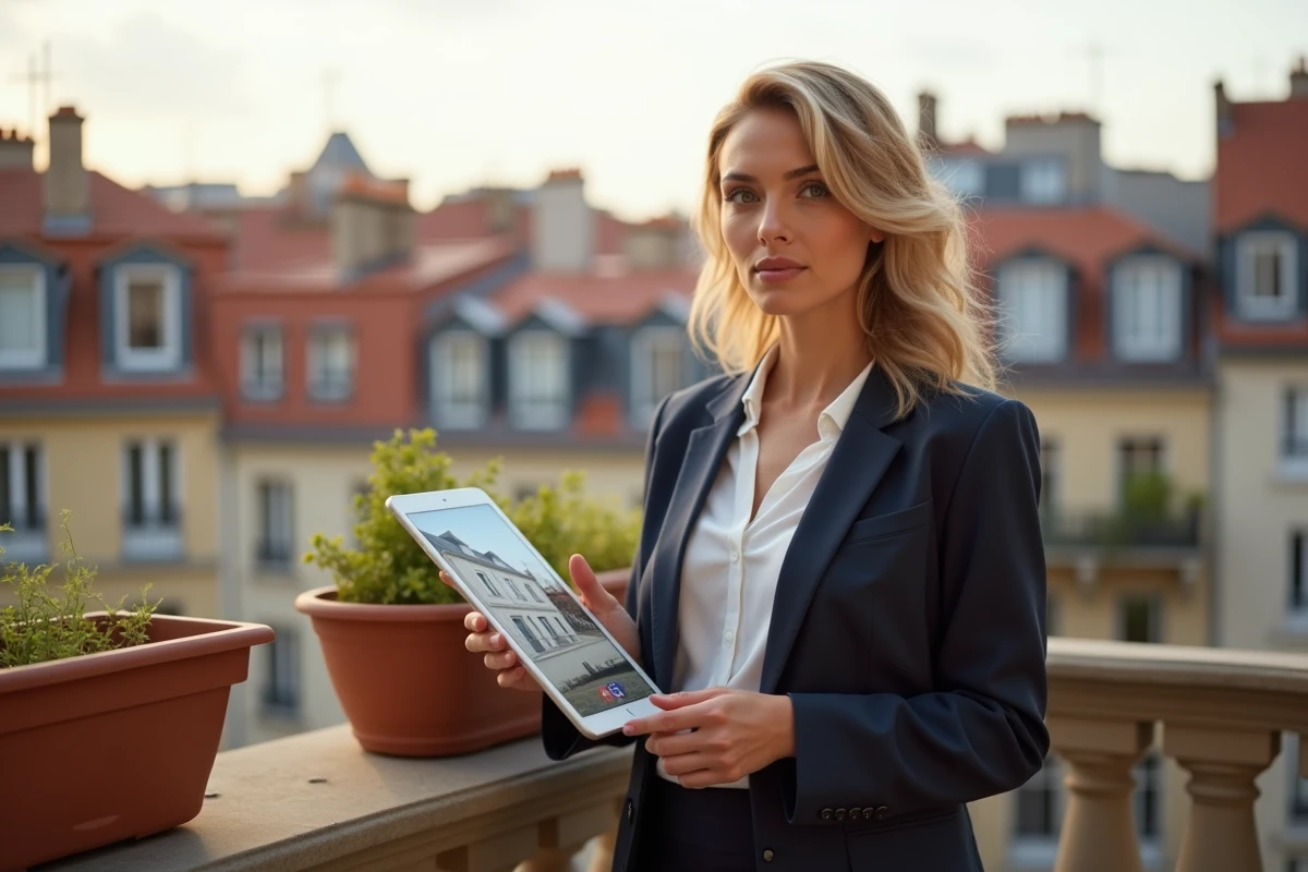 Femme consultant un site de gestion de patrimoine immobilier depuis un balcon avec vue sur les toits d'une ville française