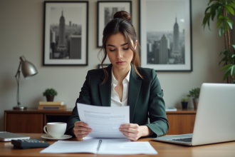 Femme professionnelle examine documents de prêt immobilier