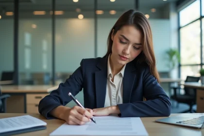 Femme professionnelle examinant un contrat de location dans un bureau