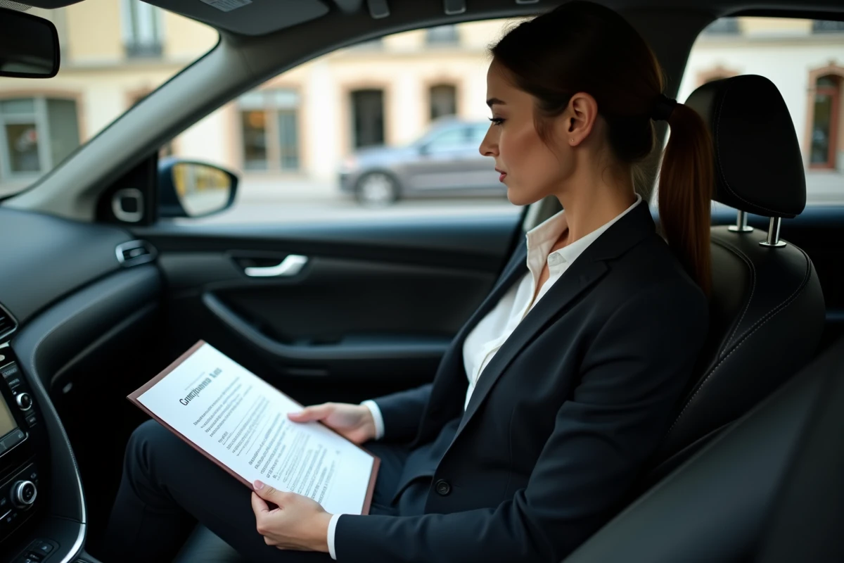 Femme professionnelle dans une voiture examinant un compromis de vente