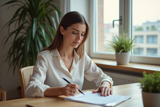Femme examinant des documents d'assurance maison dans un intérieur cosy