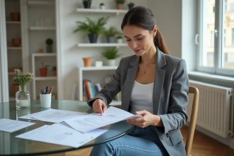 Femme en blazer examinant des documents de location dans un appartement parisien