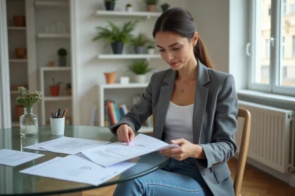 Femme en blazer examinant des documents de location dans un appartement parisien