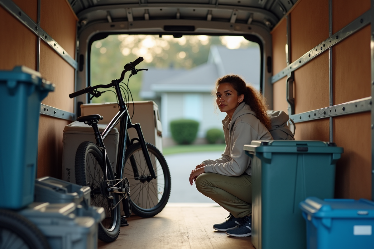 Jeune femme préparant un vélo et des boîtes dans un camion de déménagement