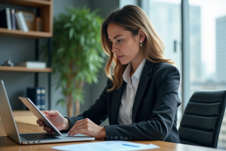 Femme d affaires regardant des graphiques financiers sur une tablette