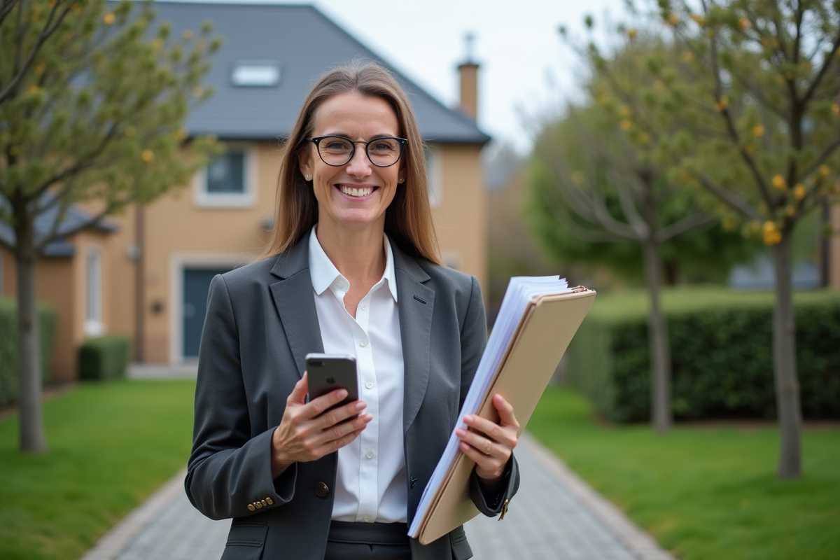 Femme souriante avec documents devant maison moderne