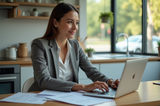 Femme d'affaires examinant des papiers de prêt immobilier