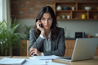 Femme inquiète au téléphone dans la cuisine avec papiers