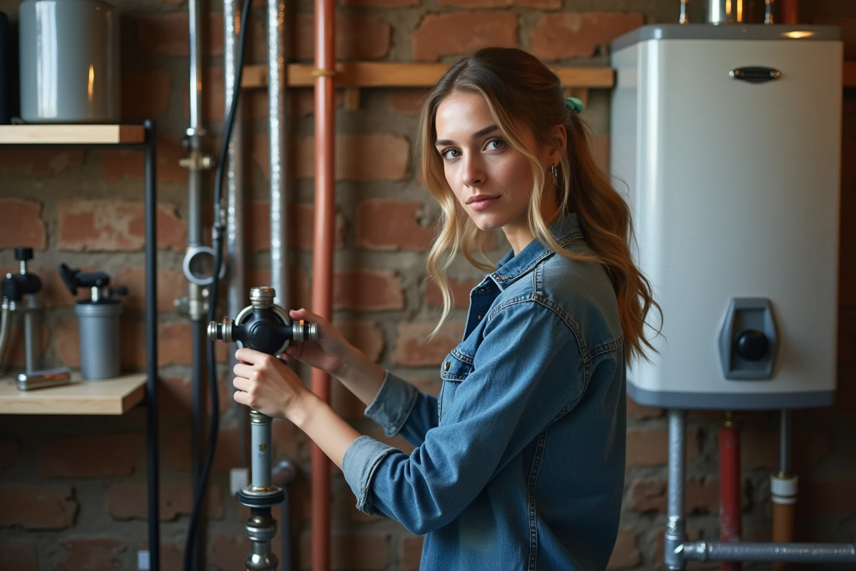 Jeune femme vérifiant un chauffe-eau dans le sous-sol