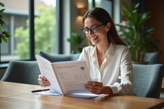 Femme souriante en tenue élégante dans un salon moderne