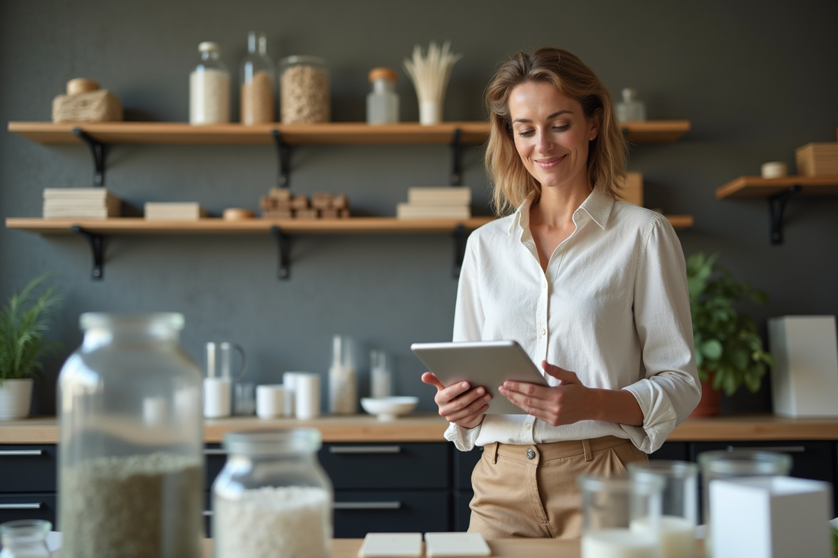 Femme analyse des matériaux biosourcés dans un laboratoire moderne