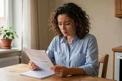 Femme lisant des documents de demande de logement social à sa table de cuisine dans un appartement modeste