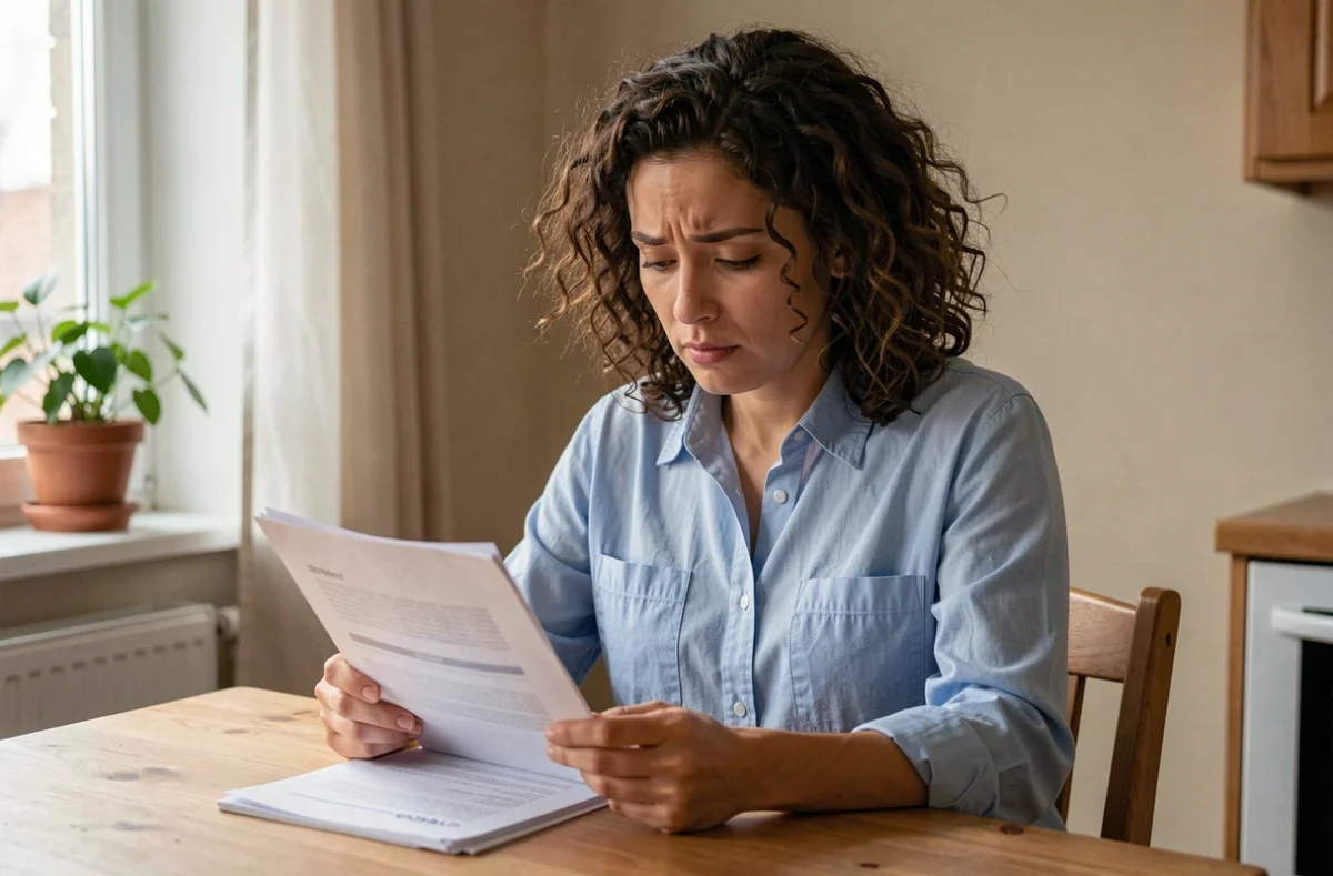 Femme lisant des documents de demande de logement social à sa table de cuisine dans un appartement modeste