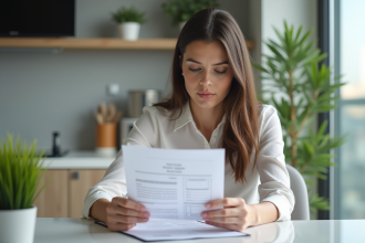 Femme lisant un document de prêt hypothécaire dans un intérieur lumineux