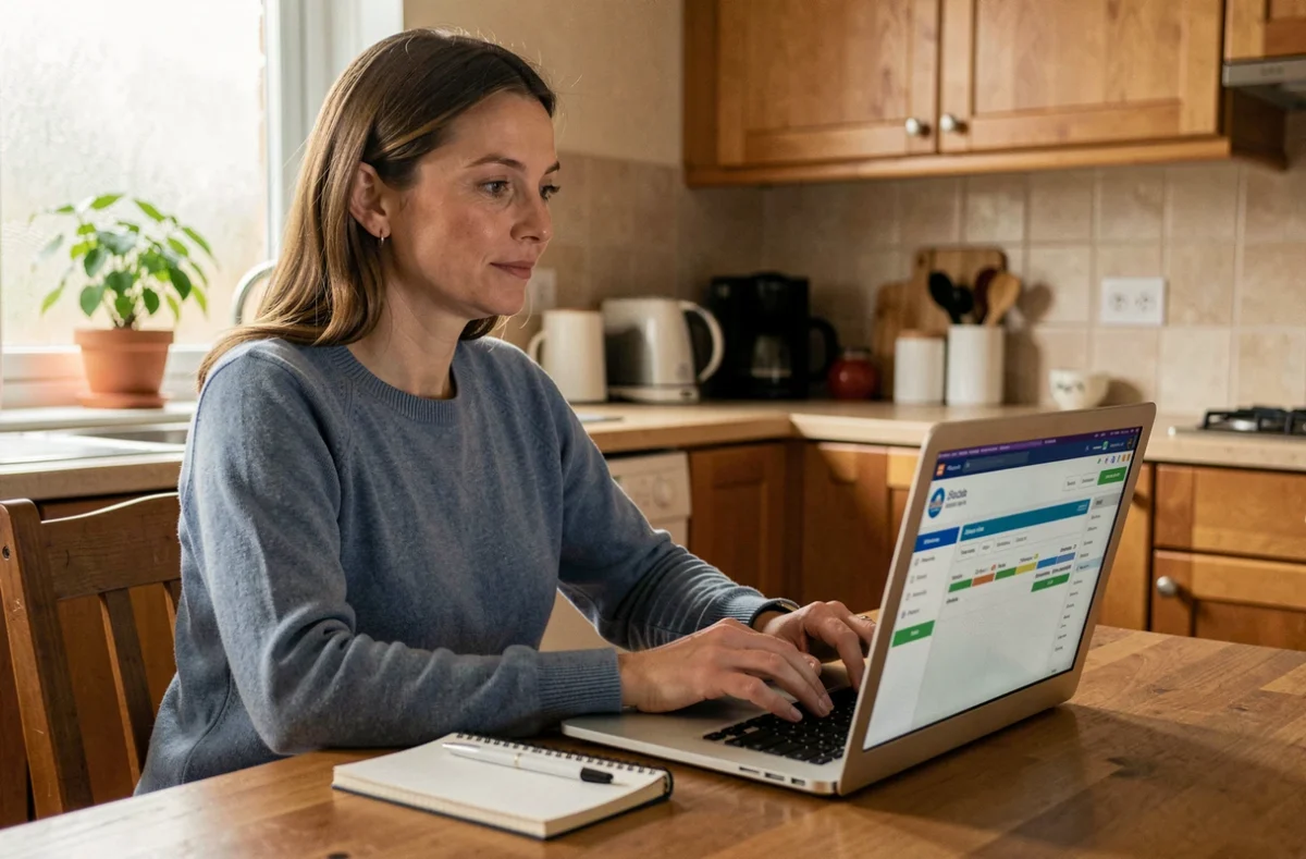 Femme consultant son compte LOC annonces sur un ordinateur portable dans une cuisine familiale pour optimiser une demande de logement