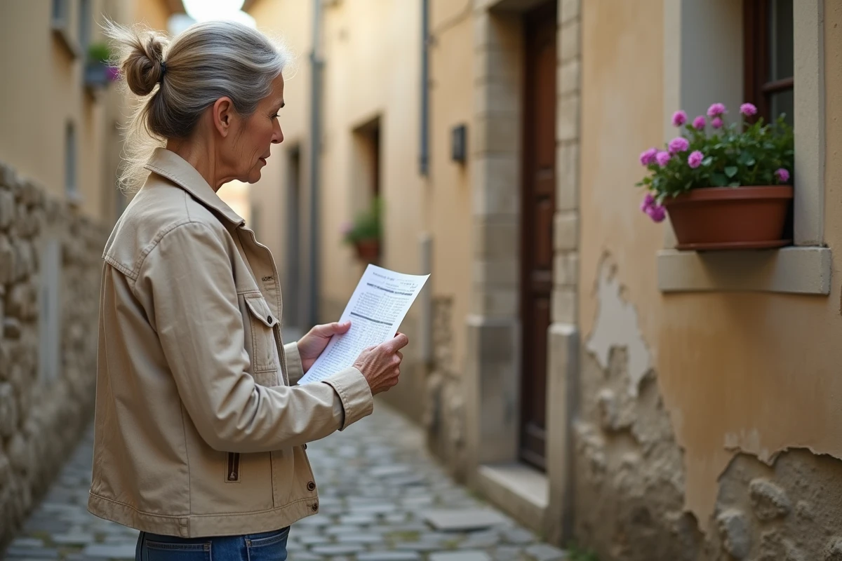 Femme examinant une maison abandonnée à vendre dans un village provençal avec une annonce immobilière en main