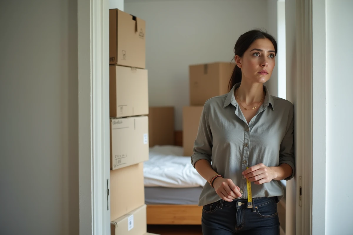 Femme mesurant une petite chambre dans un T3 avec un mètre ruban, illustrant la vérification de la surface légale minimale d'une chambre