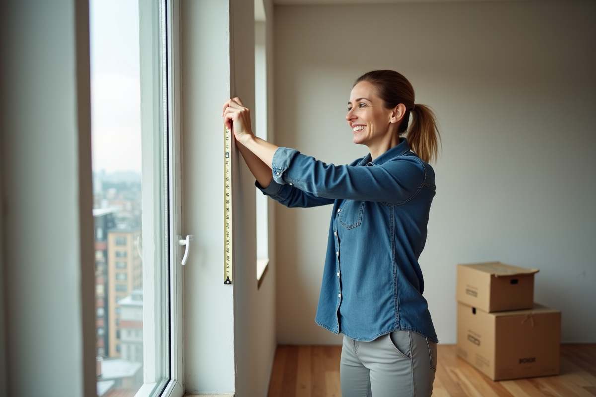 Femme mesurant un cadre de fenêtre dans un appartement moderne