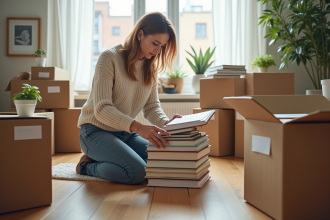 Femme organisant des livres dans une salle de séjour chaleureuse