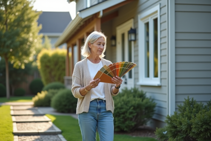 Femme regardant des &eacute;chantillons de peinture devant une maison moderne