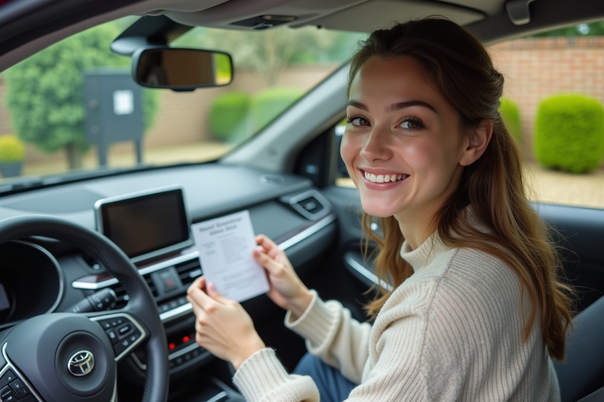 Jeune femme plaçant un permis sur le tableau de bord de voiture
