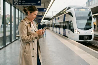 Femme consultant son téléphone sur un quai de RER en Île-de-France, train en approche