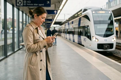 Femme consultant son téléphone sur un quai de RER en Île-de-France, train en approche