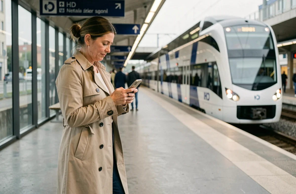 Femme consultant son téléphone sur un quai de RER en Île-de-France, train en approche