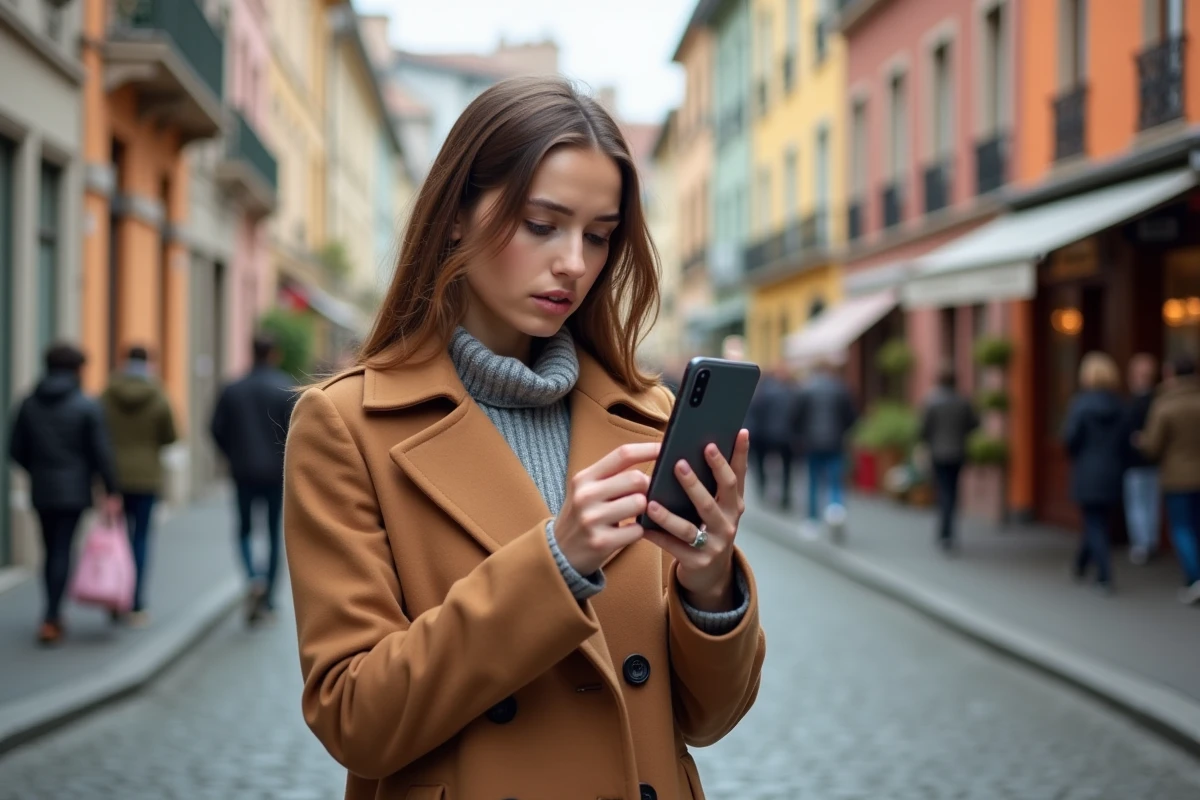 Jeune femme hésitant devant des annonces immobilières sur smartphone dans le quartier Croix-Rousse à Lyon, symbolisant les erreurs d'achat immobilier précipité