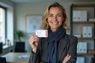 Femme souriante tenant sa carte de residence française