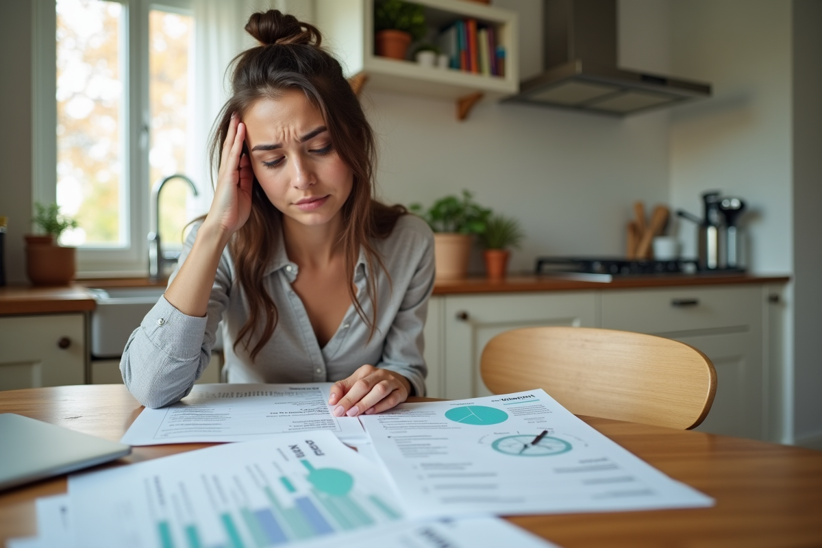 Jeune femme stressée examinant des factures de travaux