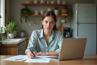 Femme au travail à domicile avec ordinateur et papiers