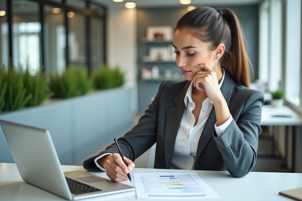 Jeune femme au bureau regardant une feuille de calcul