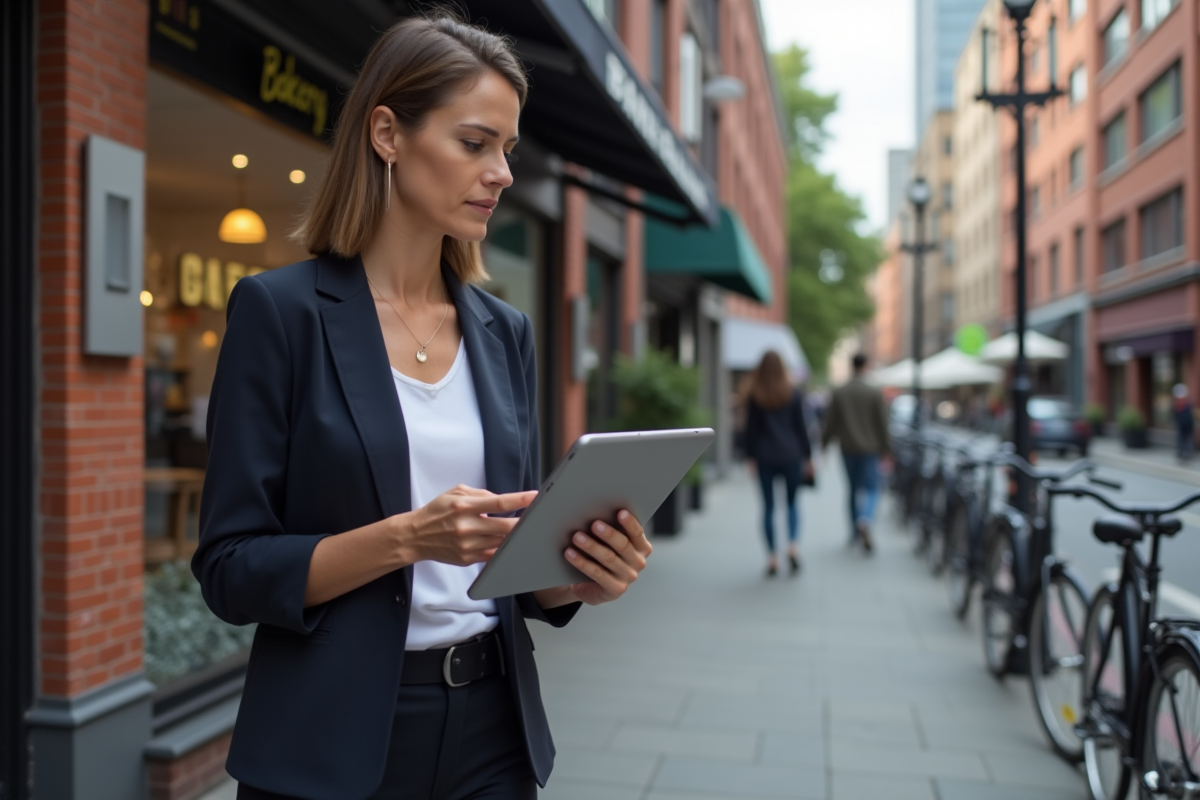 Femme urbaine avec tablette devant boulangerie et logement