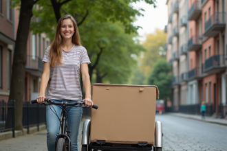 Jeune femme avec box sur vélo en ville