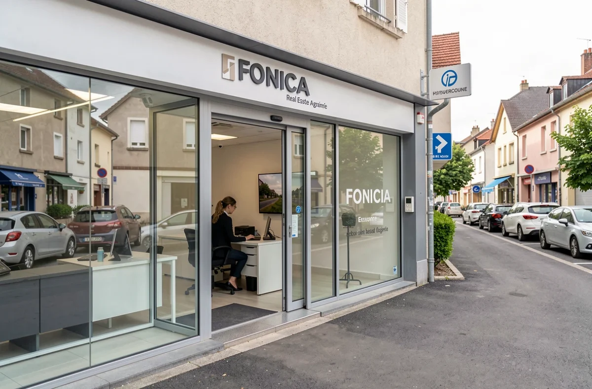 Agence Foncia en Essonne avec facade commerciale moderne et agente visible à l'intérieur