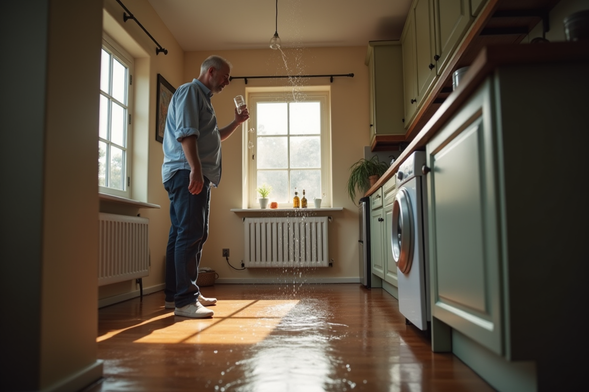Homme inquiet dans la cuisine examine une fuite d'eau au plafond