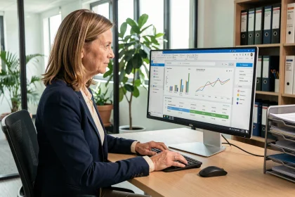 Gestionnaire de copropriété analysant un logiciel de gestion en ligne sur un ordinateur de bureau dans un bureau professionnel moderne